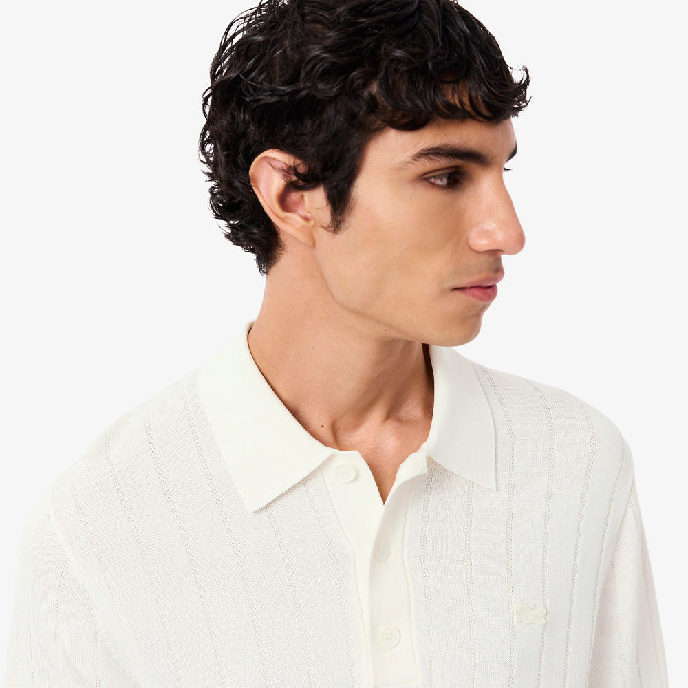 Fluid Ribbed Knit Polo Collar Sweater