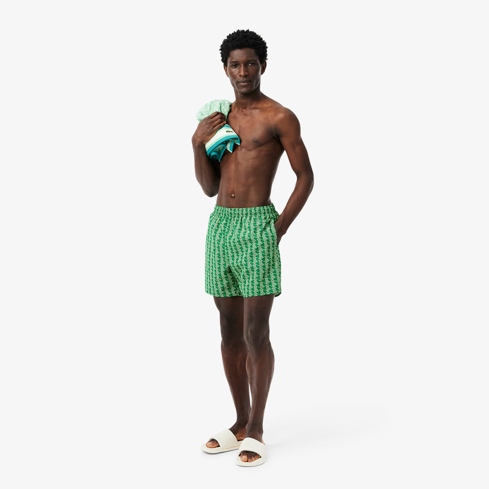 Mid Length Monogram Print Swim Trunks