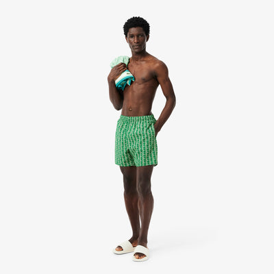 Mid Length Monogram Print Swim Trunks