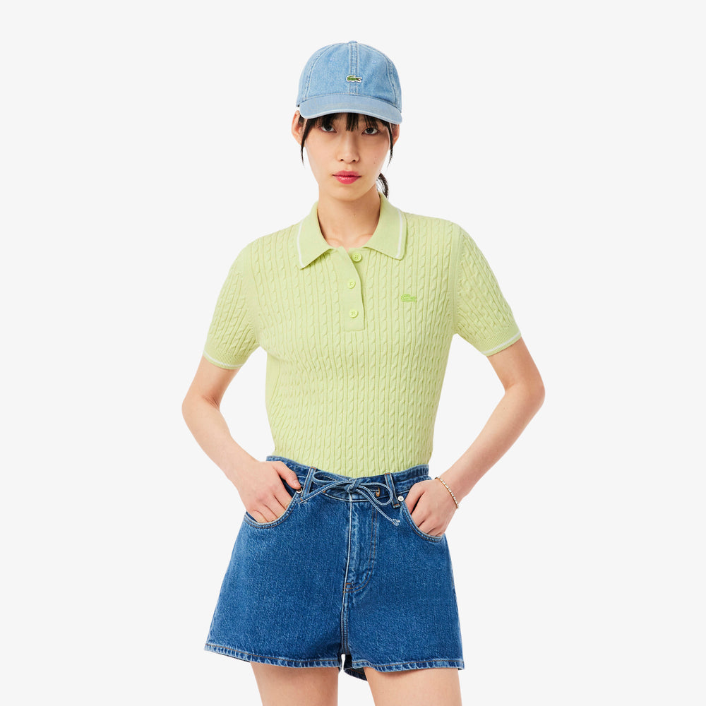 Striped Cable Knit Polo Collar Sweater