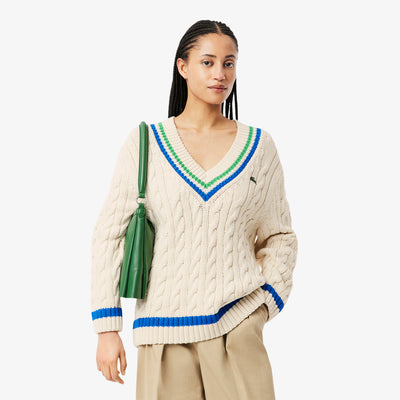 V Neck Cable Knit Cotton Tennis Sweater