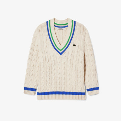 V Neck Cable Knit Cotton Tennis Sweater
