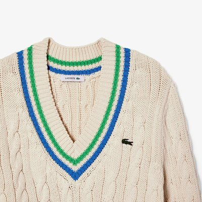 V Neck Cable Knit Cotton Tennis Sweater