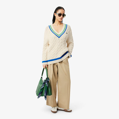 V Neck Cable Knit Cotton Tennis Sweater