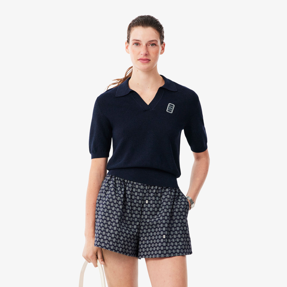 Regular Fit Open Neck Badge Accent Knit Polo Shirt