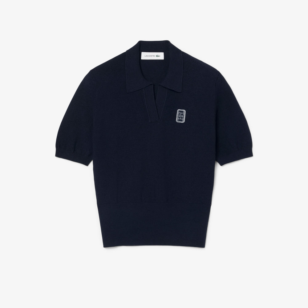 Regular Fit Open Neck Badge Accent Knit Polo Shirt