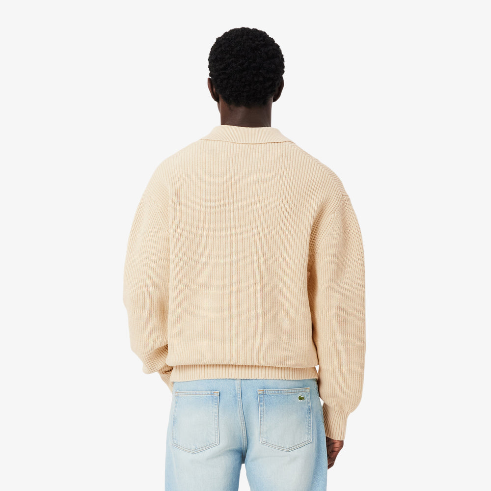 Badge Accent Pearl Rib Polo Collar Sweater