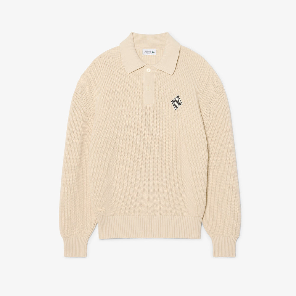 Badge Accent Pearl Rib Polo Collar Sweater