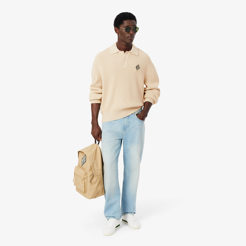 Badge Accent Pearl Rib Polo Collar Sweater