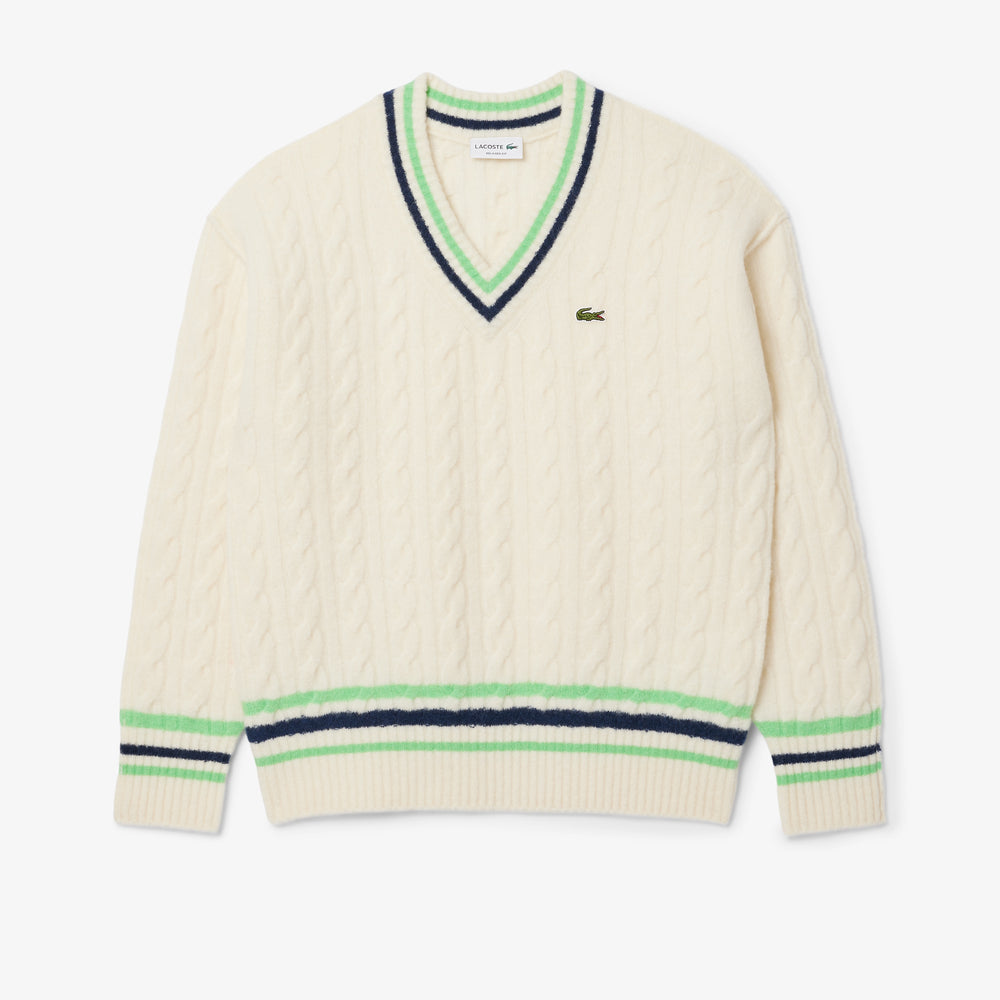 V Neck Cable Knit Wool Sweater