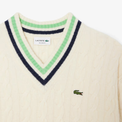 V Neck Cable Knit Wool Sweater