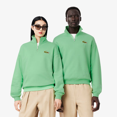 Loose Fit Zip Neck Badge Accent Sweatshirt